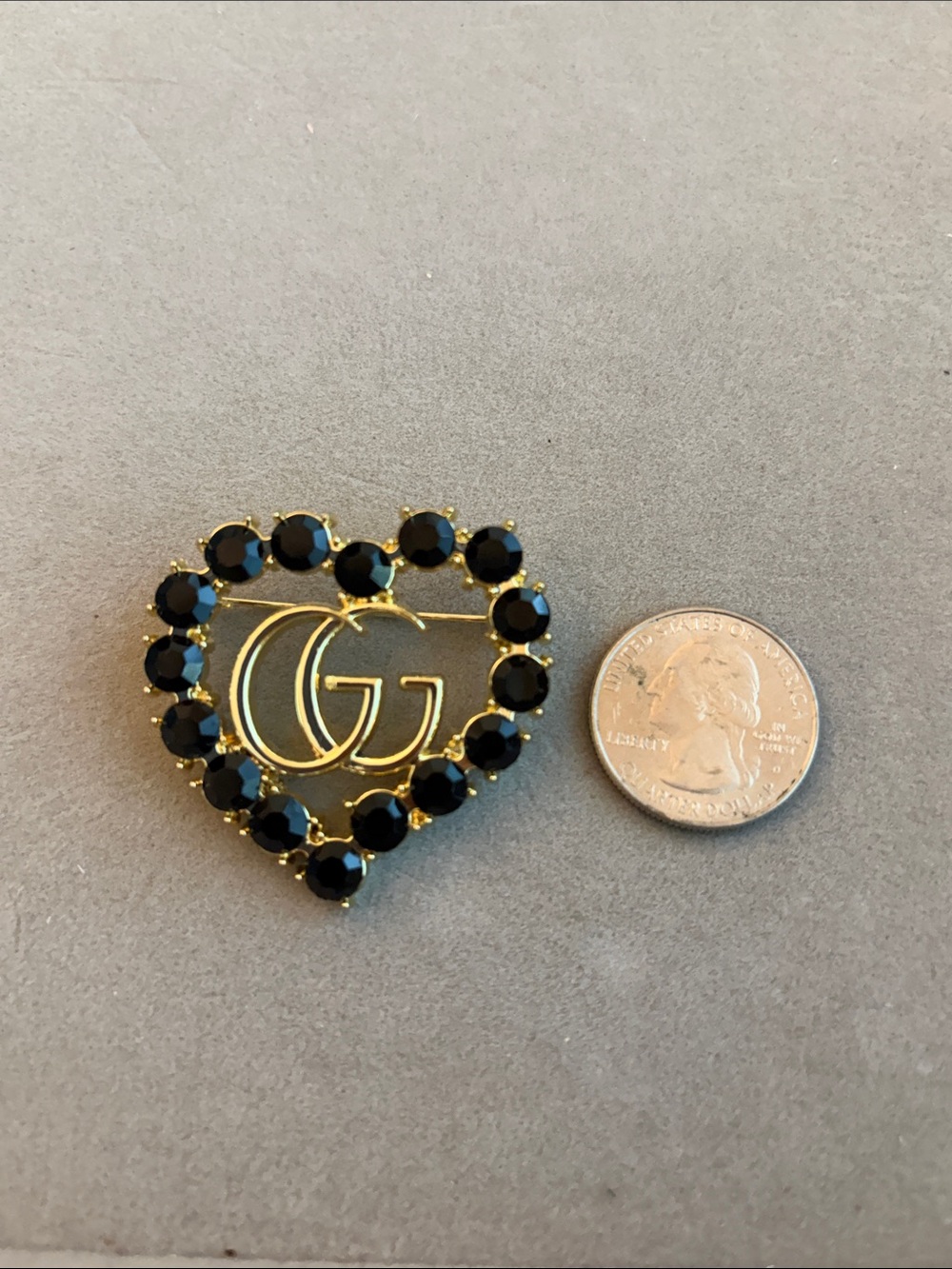 Gold Heart Brooch with Black Crystal Accents - Picture 3 of 3